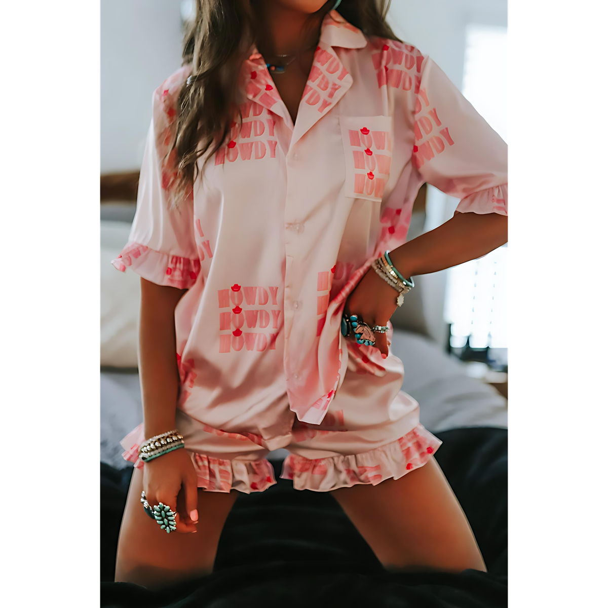 Pink Howdy Pajama Ruffle Shorts Set