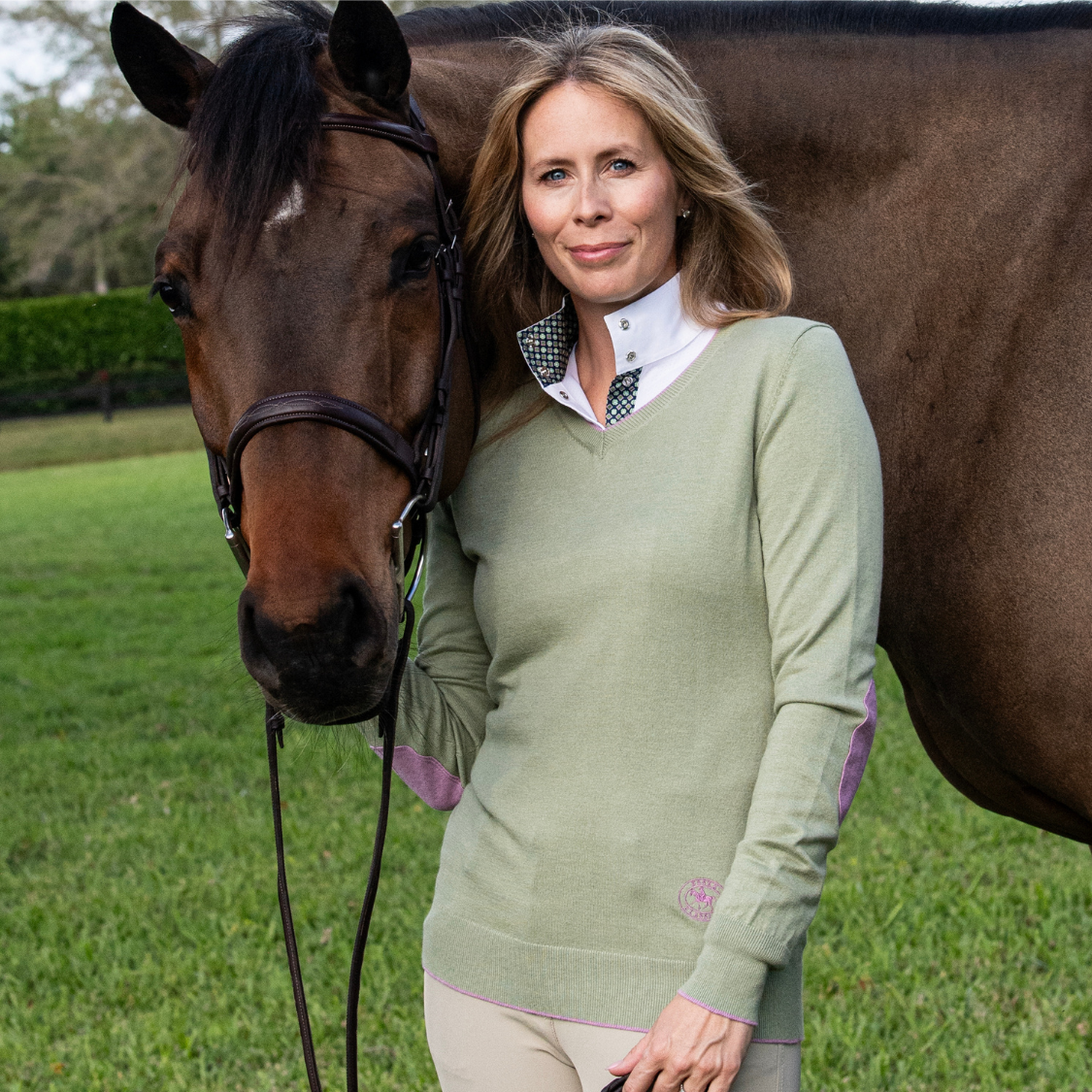 Moss Green with Mauve Trey V-Neck Sweater