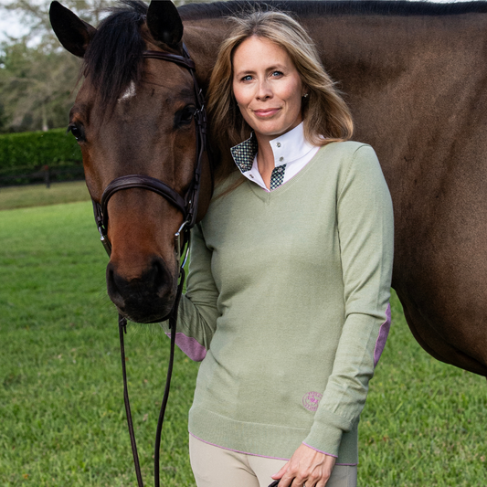 Moss Green with Mauve Trey V-Neck Sweater