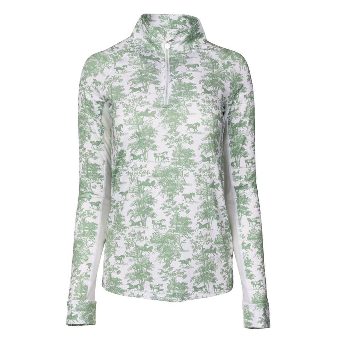 Dapplebay Equestrian Toile 1/4 Zip Light Riding Top - Long Sleeve-Green/White