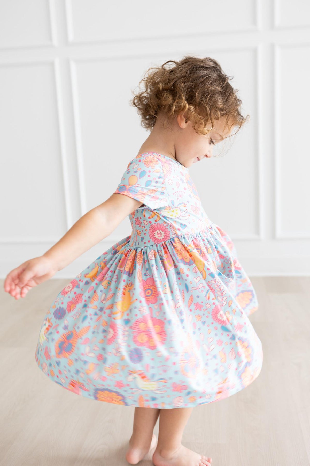 SALE Blue Retro Unicorns S/S Pocket Twirl Dress