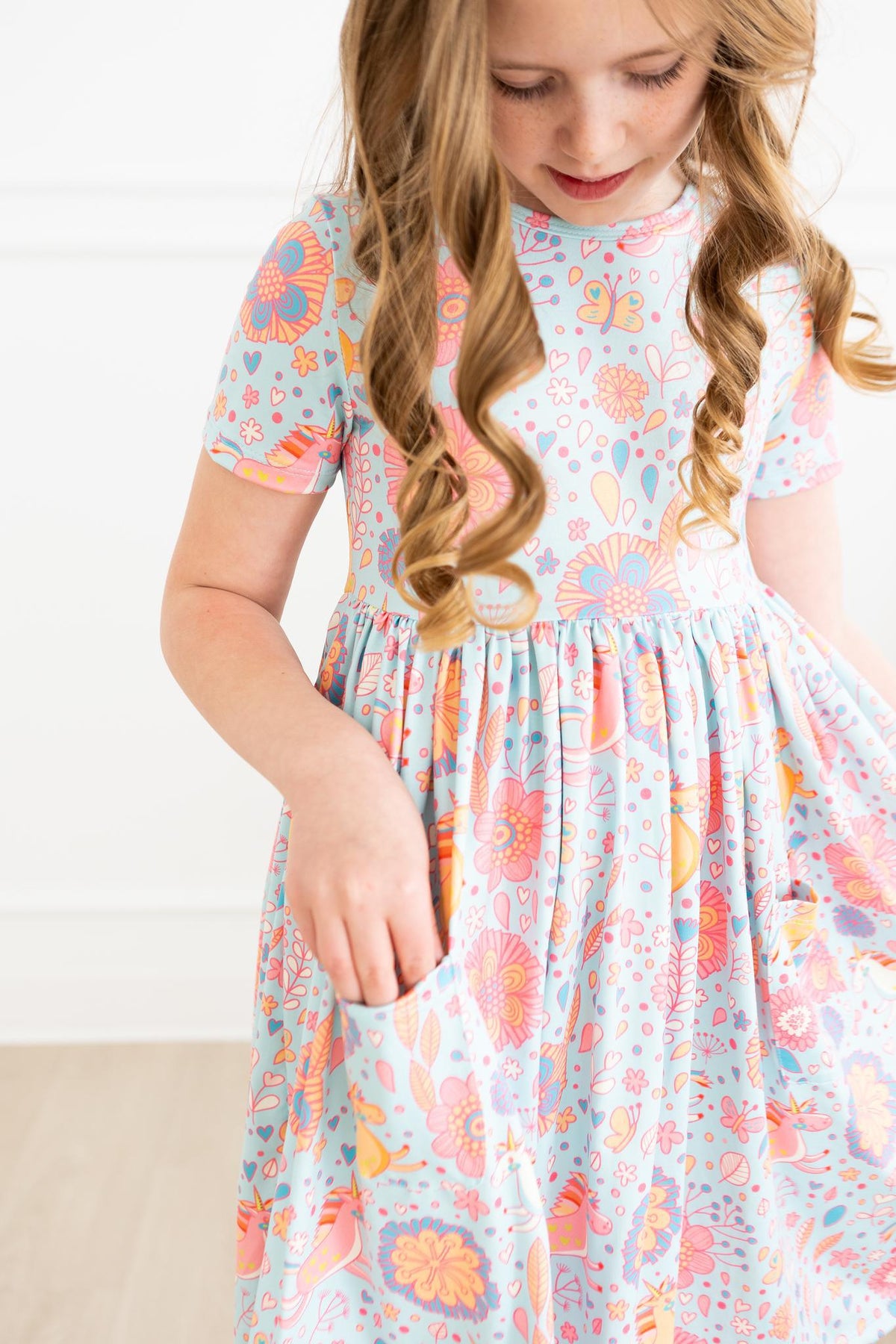 SALE Blue Retro Unicorns S/S Pocket Twirl Dress