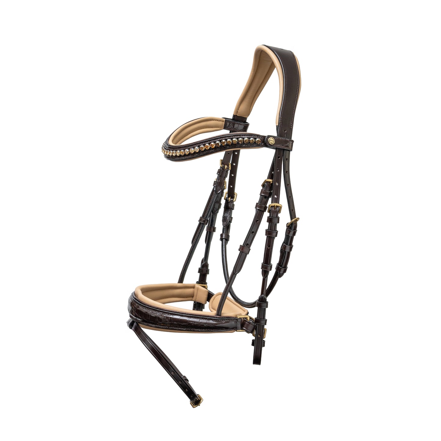 The Vienna Brown Patent Leather Snaffle Bridle with Bronze Golden Sparkle Piping