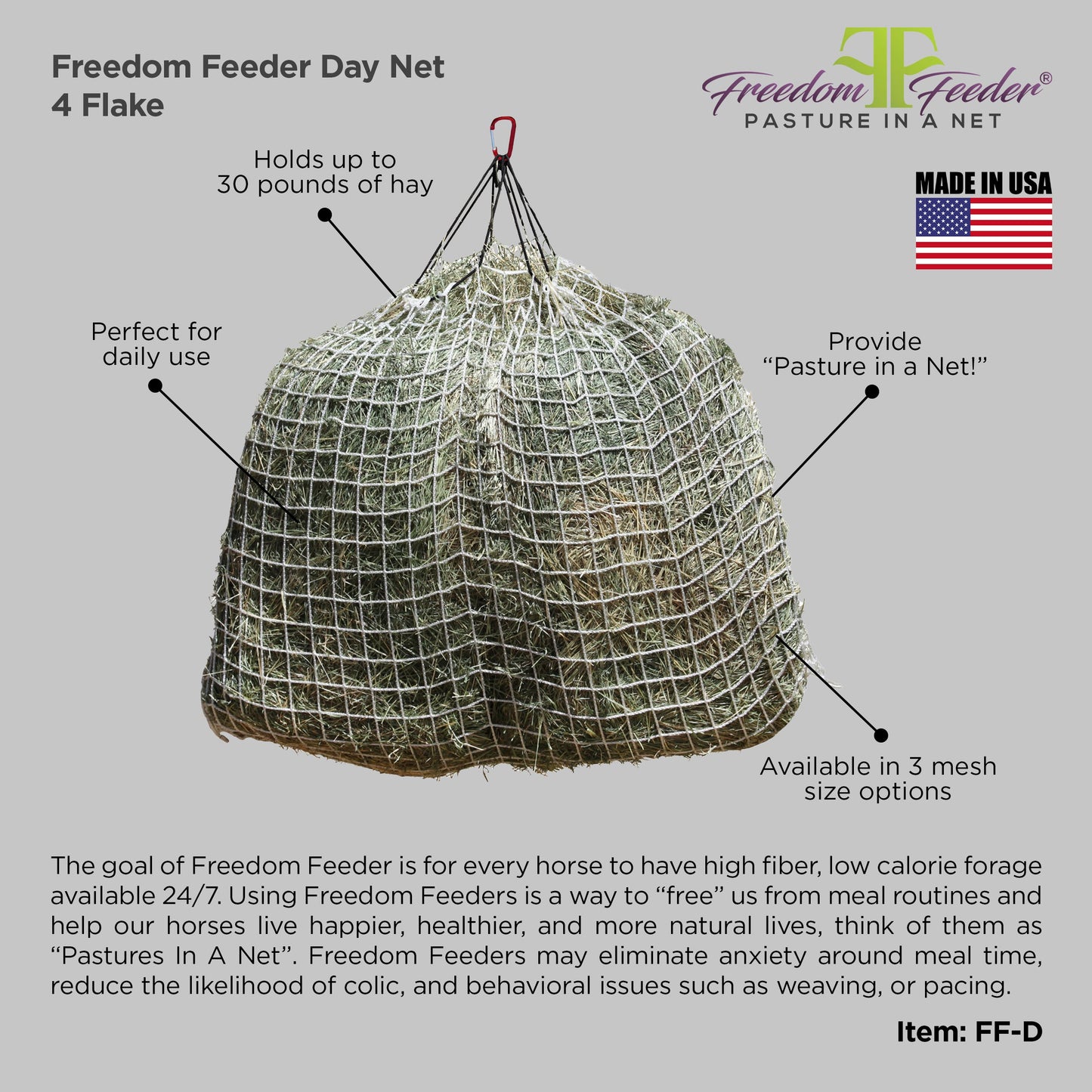 Freedom Feeder Day Net - Slow Feed Hay Net - 4 Flake - 3 Size Mesh Options