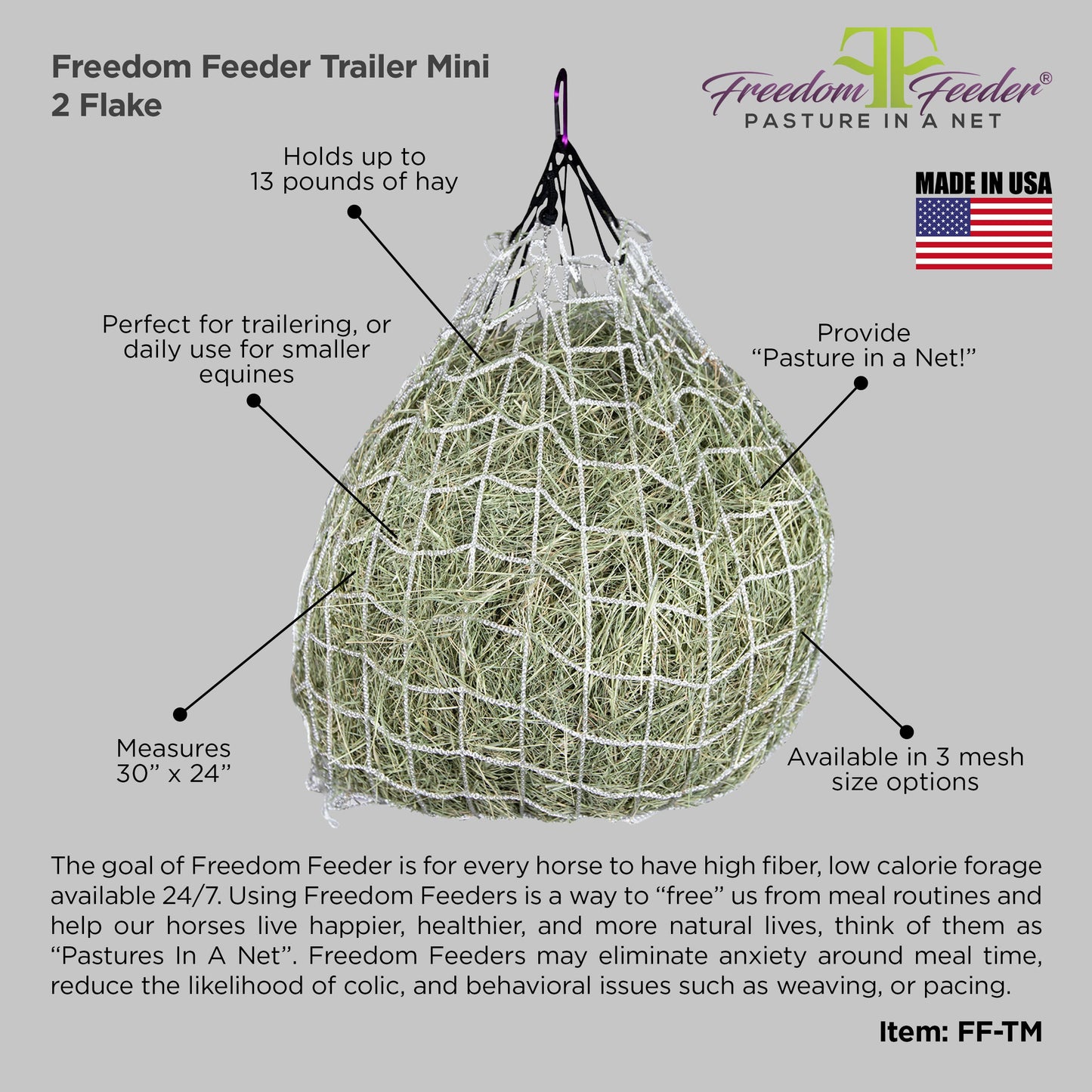 Freedom Feeder Trailer/Mini Hay Net - Slow Feed Hay Net - 2 Flake  - 3 Size Mesh Options