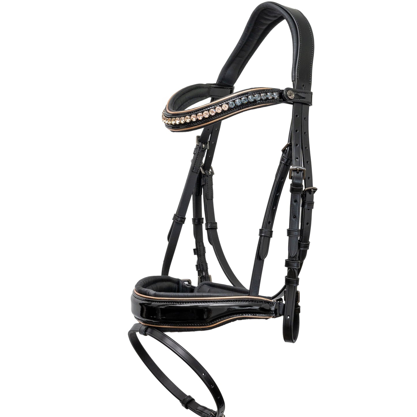 🖤 The Gotham Black Patent Snaffle Bridle – Patent Leather | Croc Print | Ombre Austrian Crystal Browband