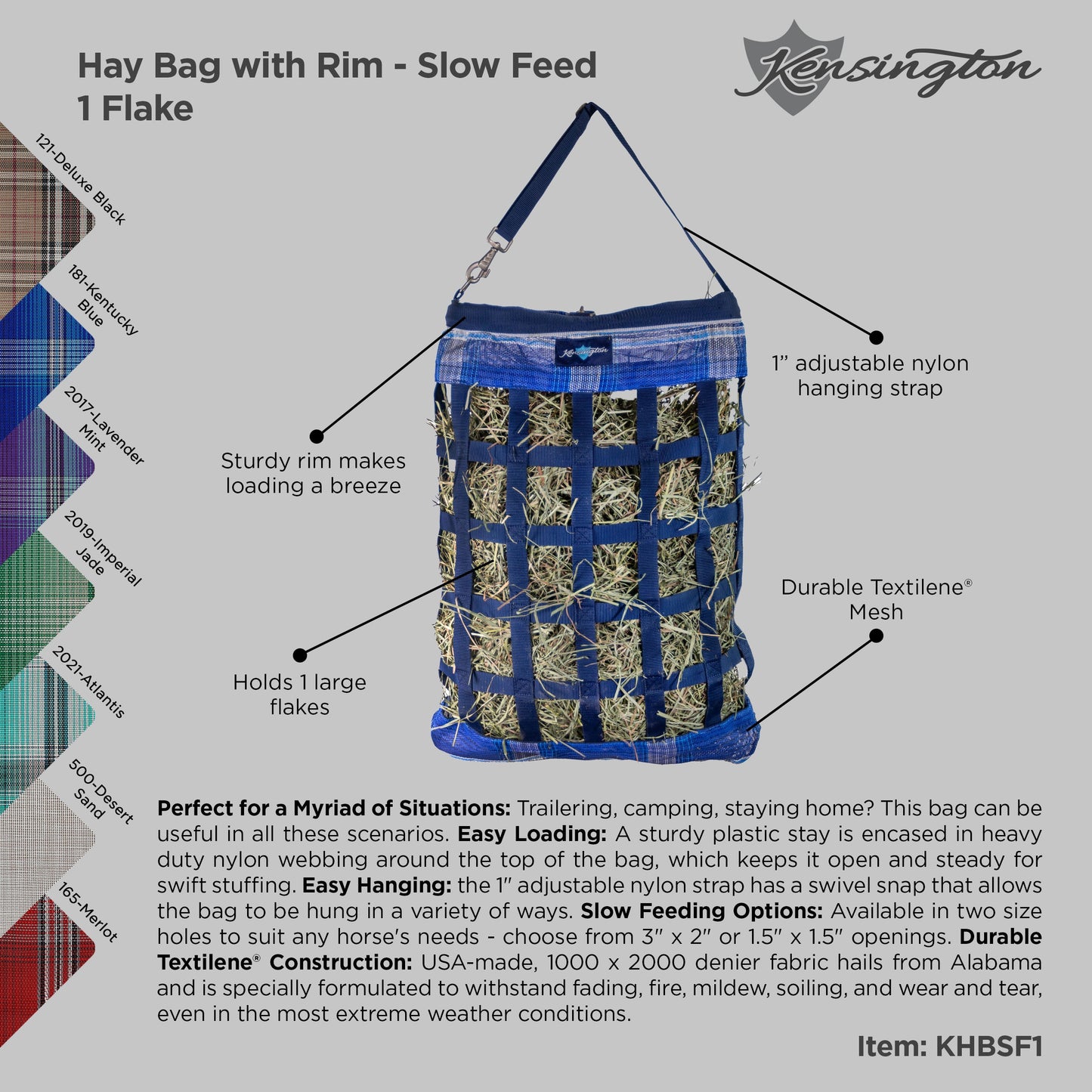 Slow Feed Hay Bag with Easy Load Rim - 1 Flake Capacity