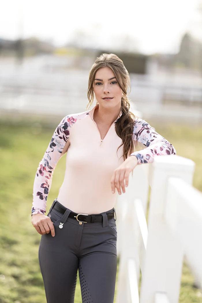 LONG SLEEVE PEARL BLUSH WATERCOLOR FLORAL RAGLAN WITH ROSE GOLD 1/4 ZIP