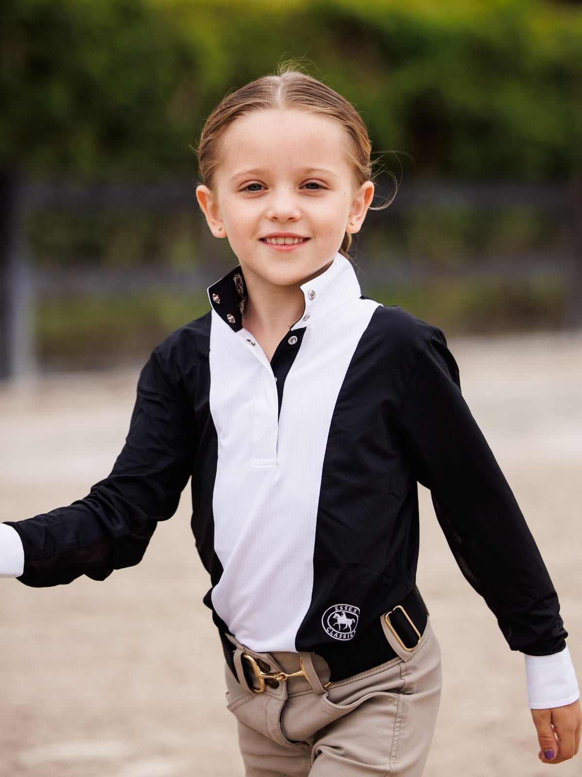 Girls "Luna II" Black Self-Trim Long Sleeve Performance Show Shirt