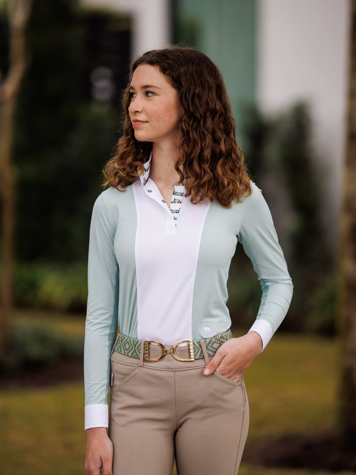 Girls "Luna II" Seafoam with Hunter Derby Long Sleeve Performance Show Shirt