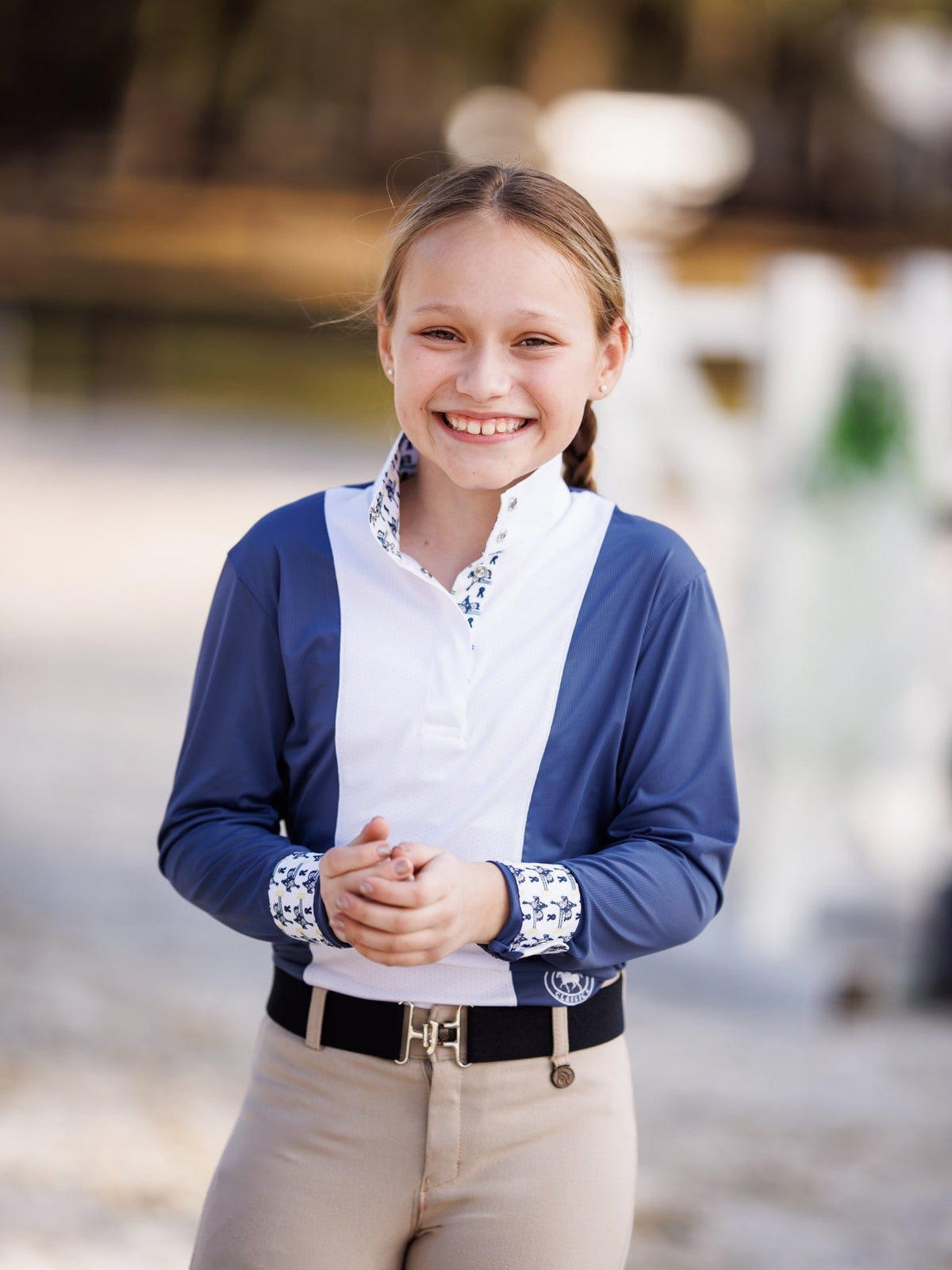 Girls "Luna II" Marine Blue with Blue Ribbon Winner Long Sleeve Performance Show Shirt