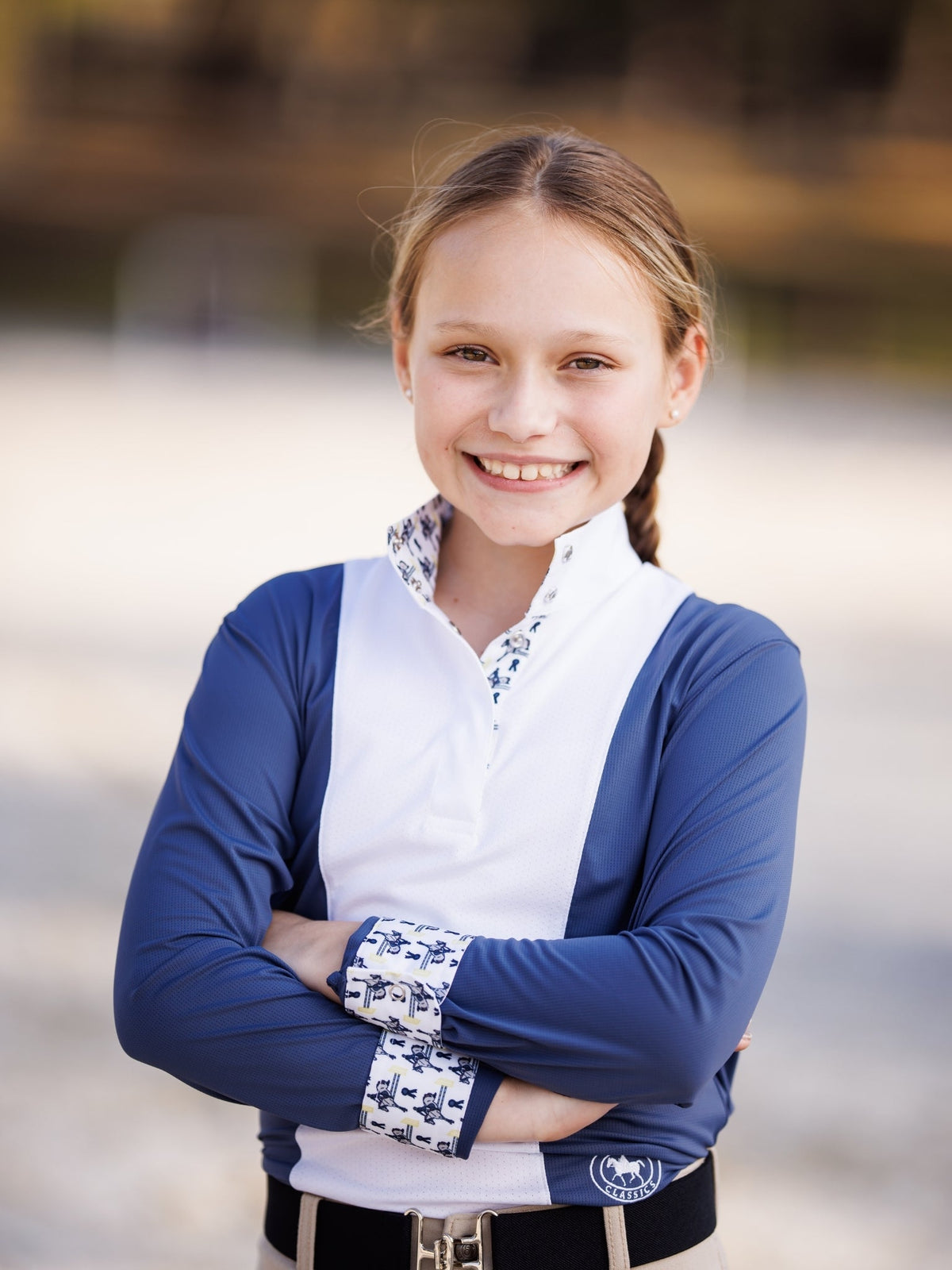 Girls "Luna II" Marine Blue with Blue Ribbon Winner Long Sleeve Performance Show Shirt