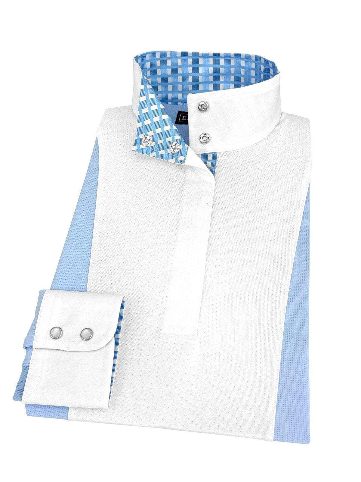 Girls "Luna II" Light Blue Long Sleeve Performance Show Shirt with Blue Checks Trim