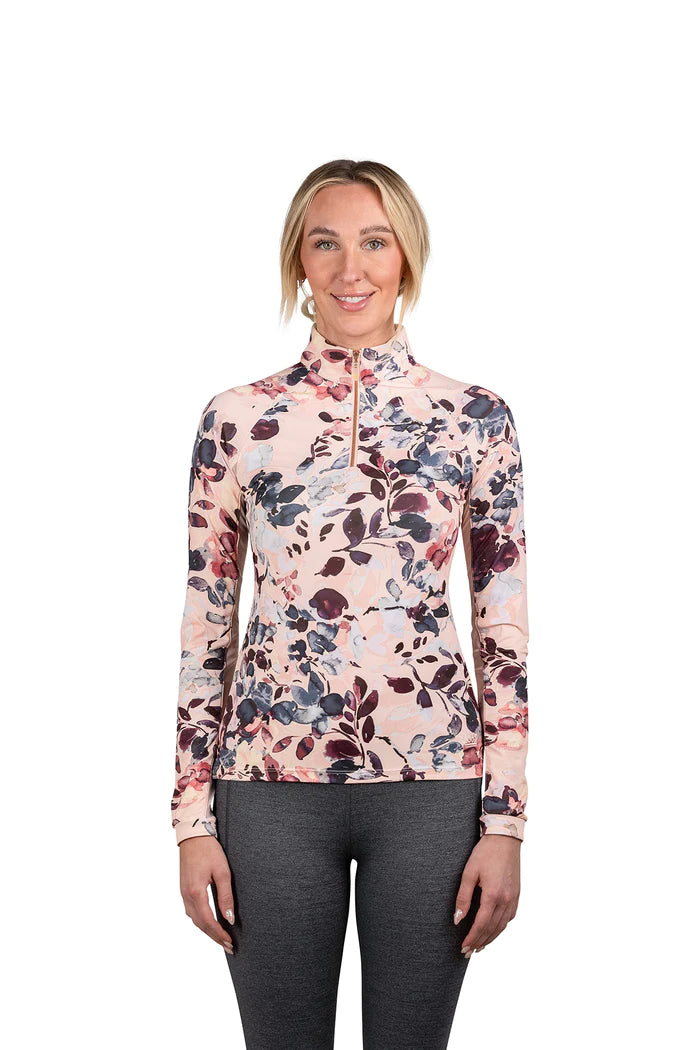 LONG SLEEVE PEARL BLUSH WATERCOLOR FLORAL WITH ROSE GOLD 1/4 ZIP